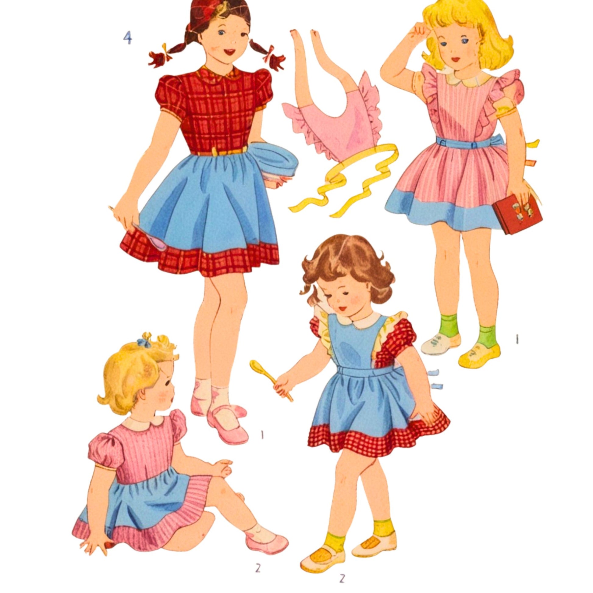 Set of vintage-style dolls with colorful dresses on a white background