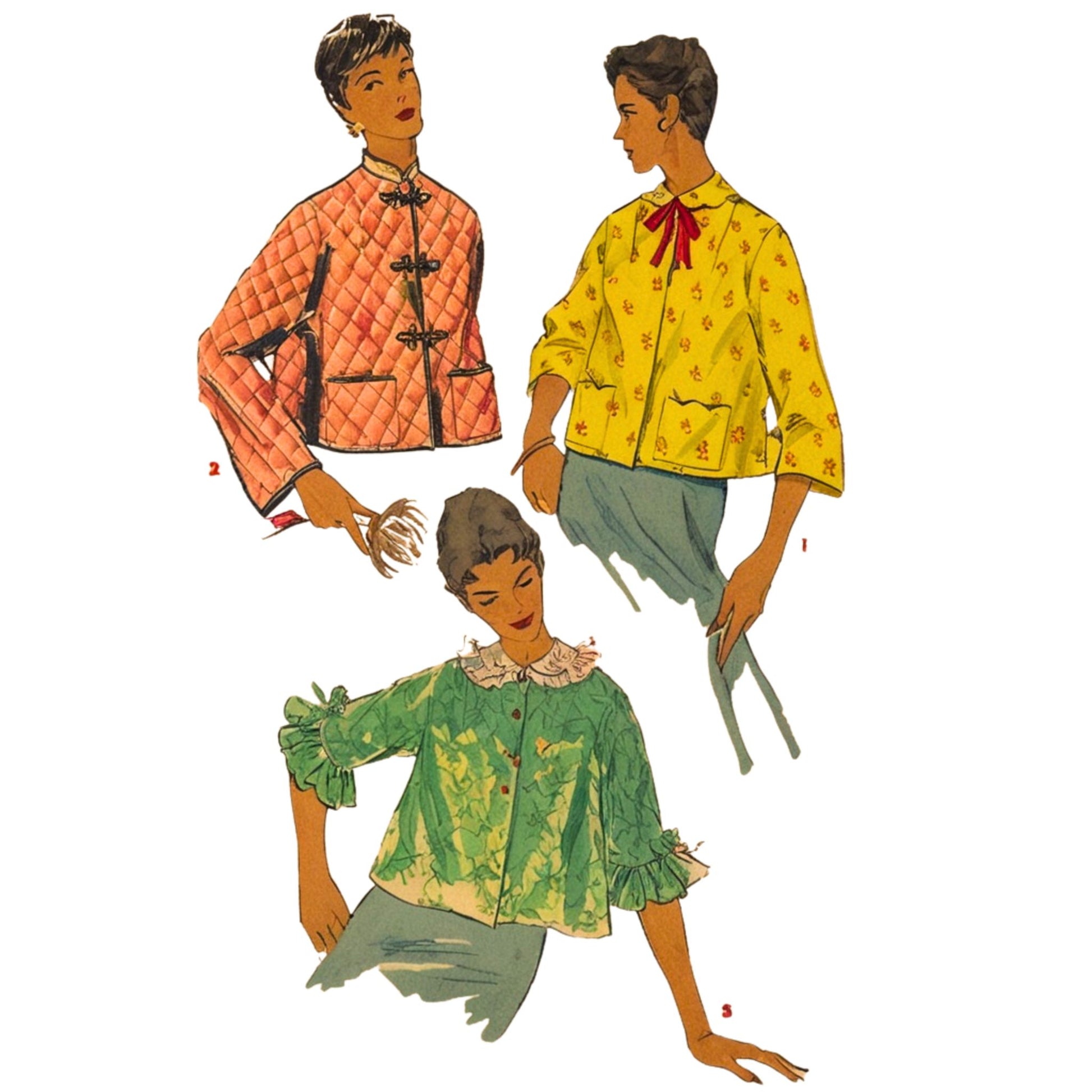 Three vintage-style women wearing colorful blouses on a white background