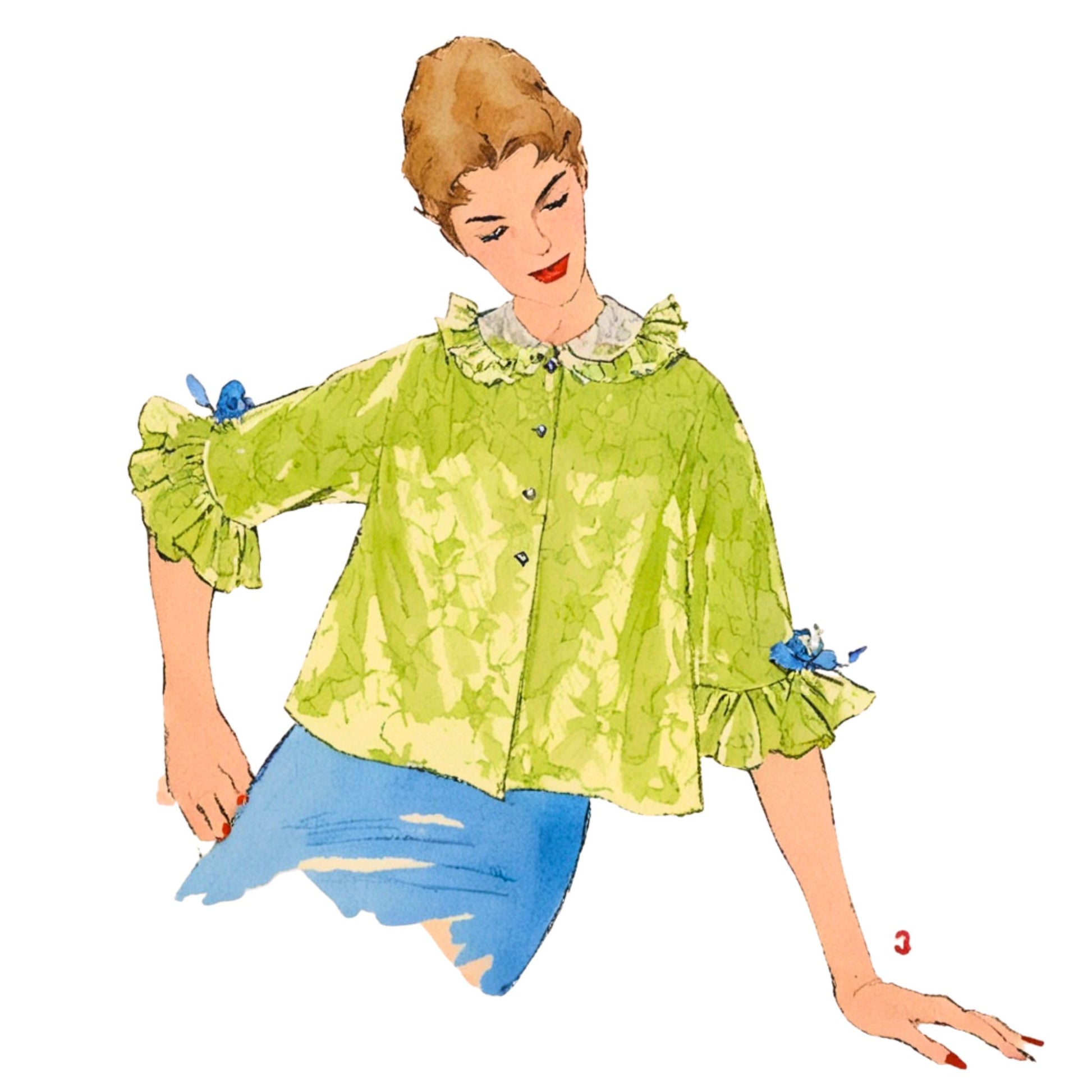 Illustration of a woman wearing a green blouse with ruffled sleeves and collar, standing against a white background.