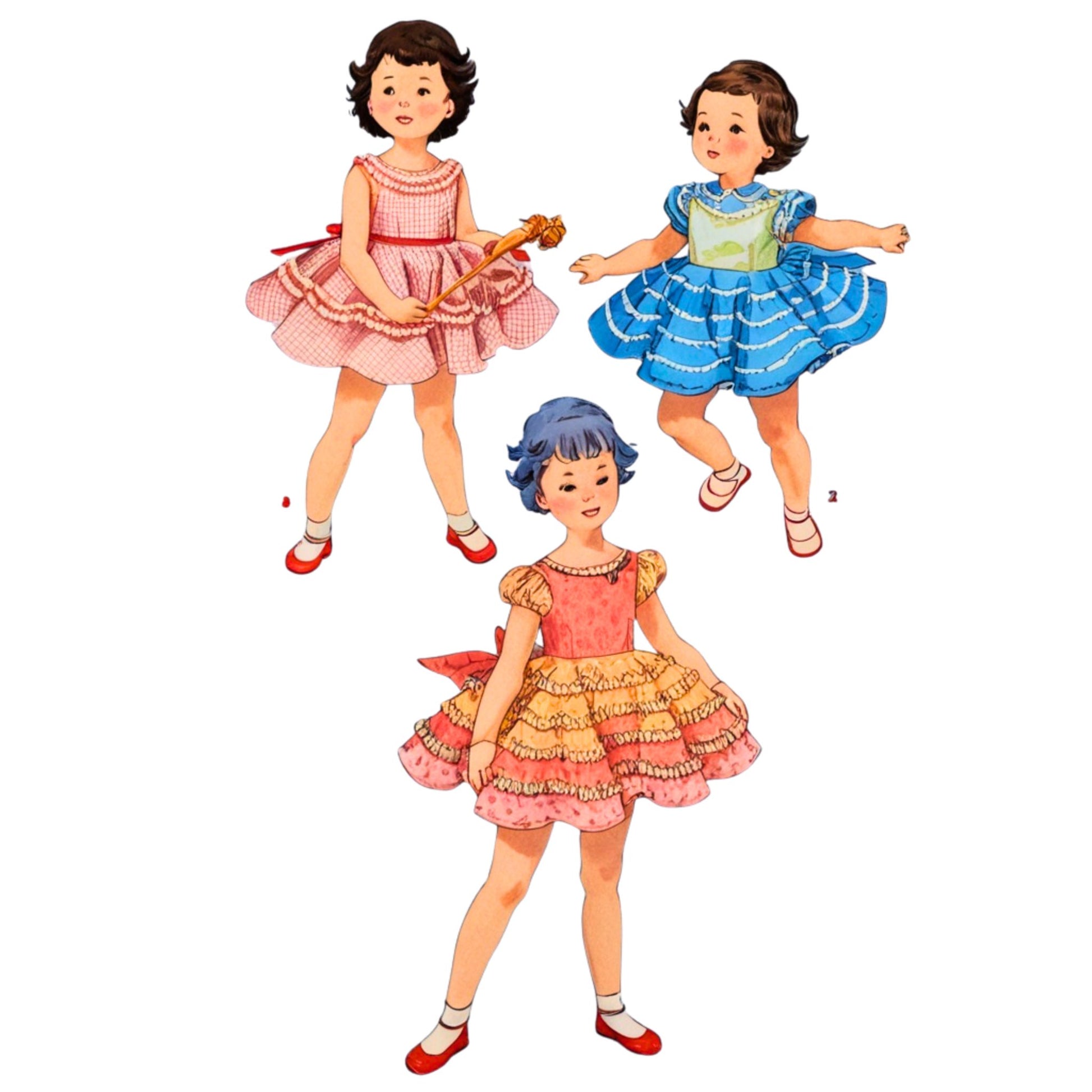 Three vintage-style dolls in colorful dresses on a white background
