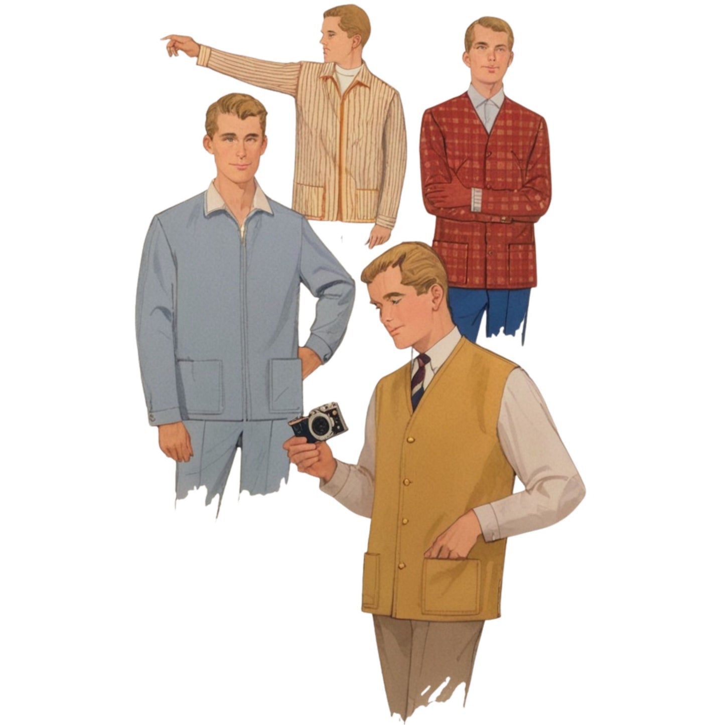 Illustrations of men in various outfits on a white background