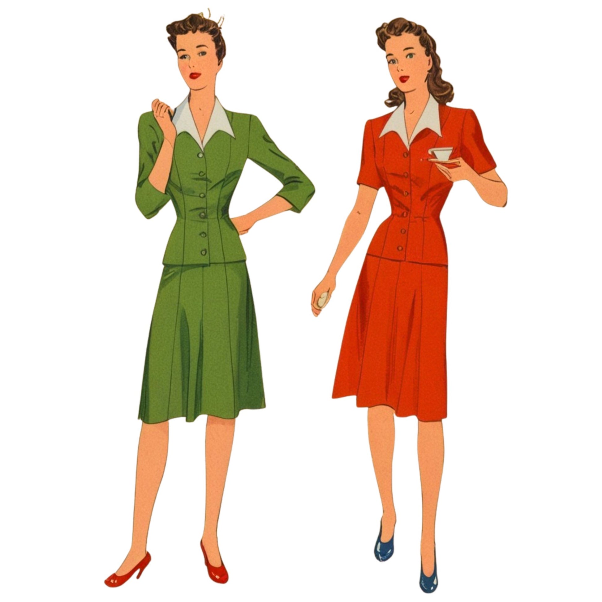 Two women in vintage-style green and red dresses on a white background