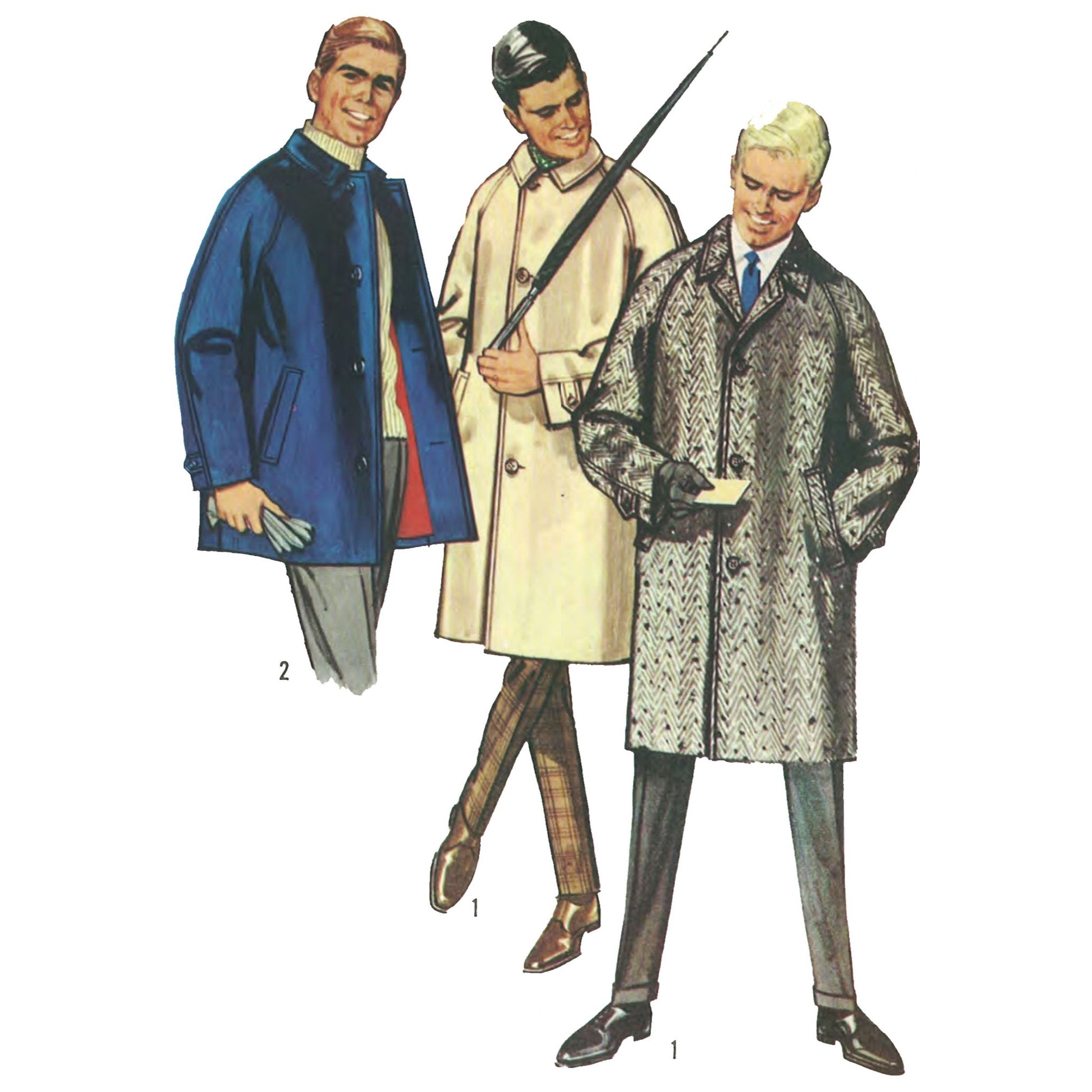 Illustration of three men's fashion models wearing different styles of men's coats. One model is wearing a brown coat with a notched collar, another is wearing a gray coat with a houndstooth pattern, and the third is wearing a blue coat with a different pattern.