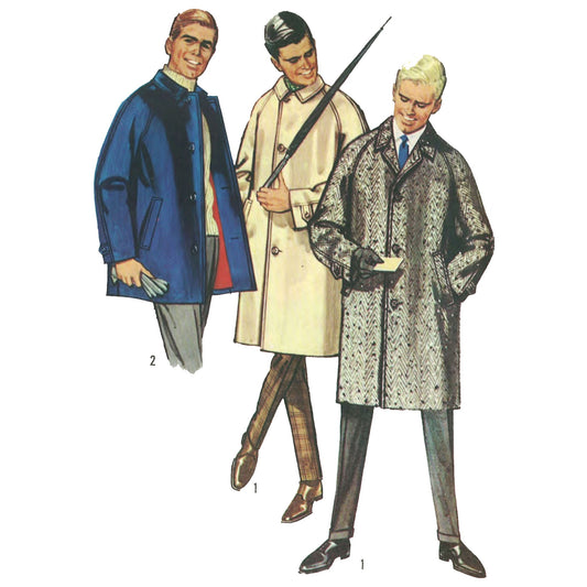 Illustration of three men's fashion models wearing different styles of men's coats. One model is wearing a brown coat with a notched collar, another is wearing a gray coat with a houndstooth pattern, and the third is wearing a blue coat with a different pattern.
