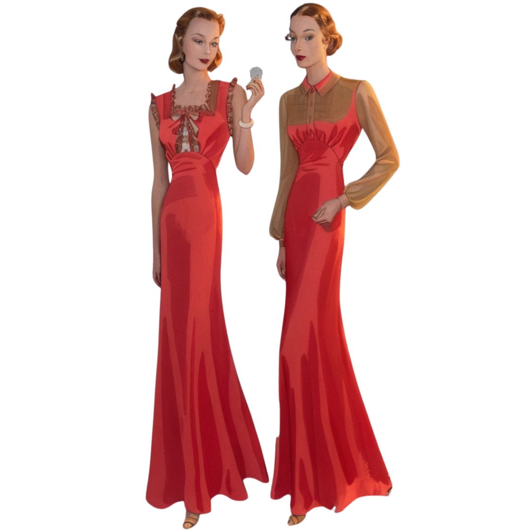 Two women wearing red evening lingerie with sheer sleeves on a white background