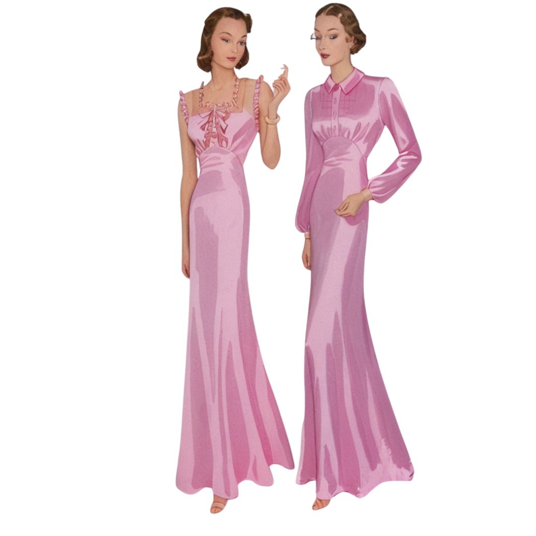 Two models wearing pink nightgowns on a white background