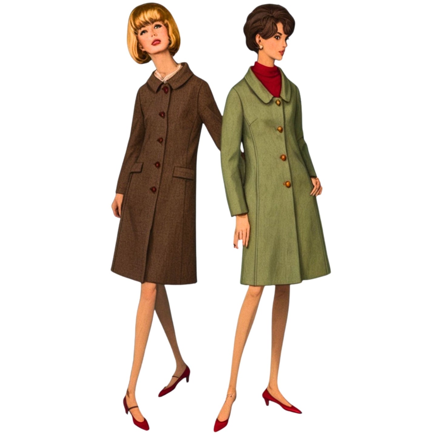 Two vintage-style women wearing brown and green coats on a white background