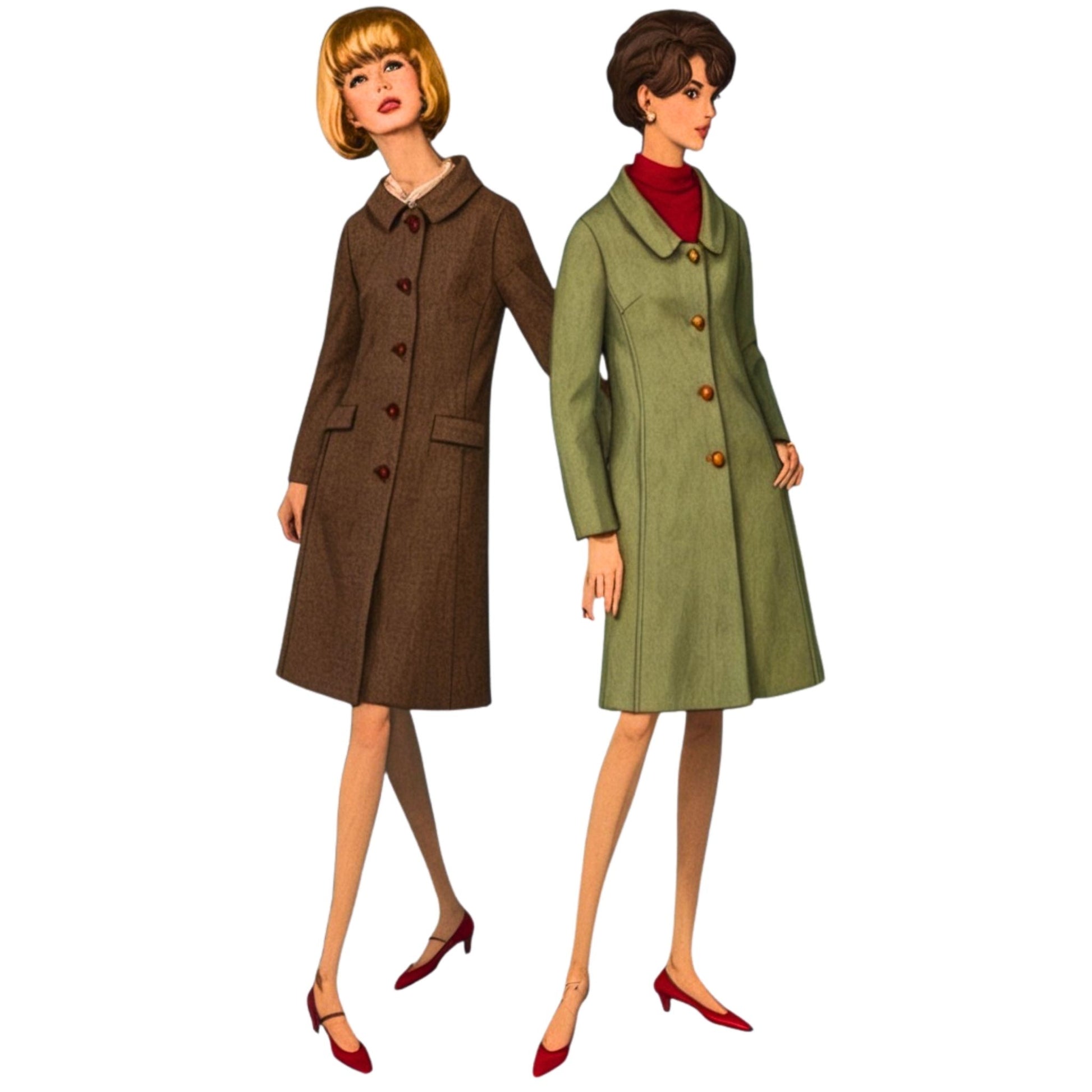 Two vintage-style women wearing brown and green coats on a white background