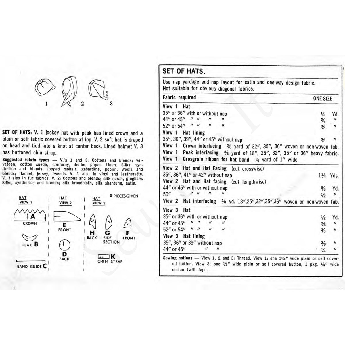 A black-and-white printed sewing pattern sheet showing hat construction diagrams, labelled views, fabric measurements, and a set of hat patterns with size tables on a white background.