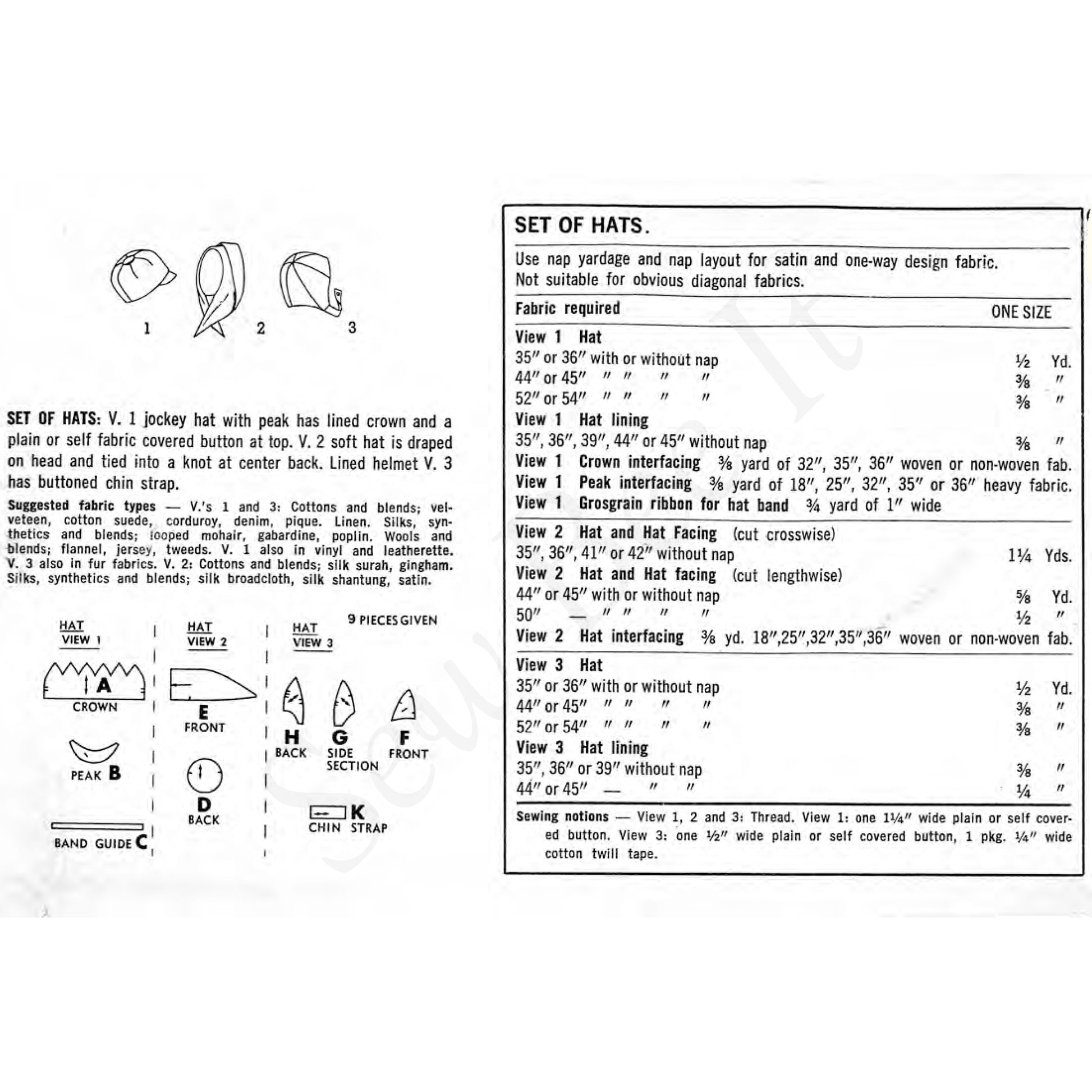 A black-and-white printed sewing pattern sheet showing hat construction diagrams, labelled views, fabric measurements, and a set of hat patterns with size tables on a white background.