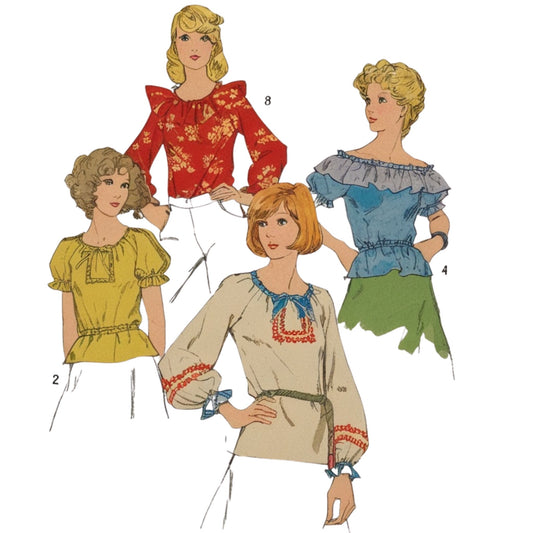 Four different blouses with ruffled necklines and long sleeves. The blouses are in various colors and patterns, including white, blue, black, and floral. The numbers 1, 2, 3, and 4 are written next to each blouse.