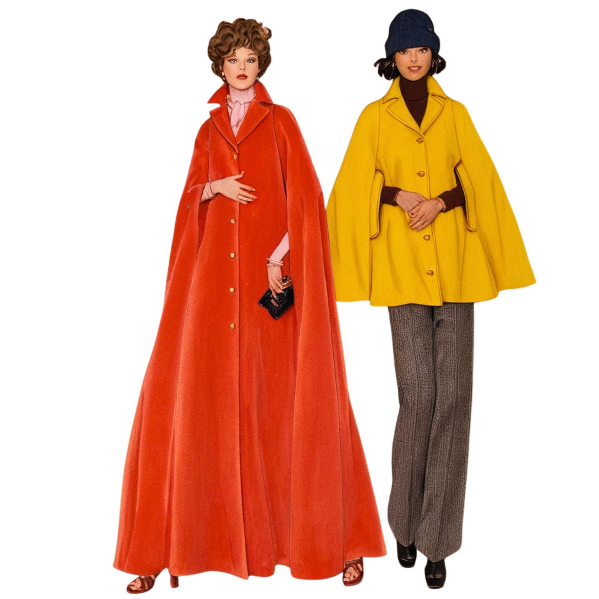 Two women wearing colorful capes on a white background