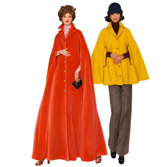 Two women wearing colorful capes on a white background