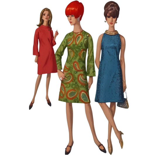 Three women wearing vintage-style dresses on a white background