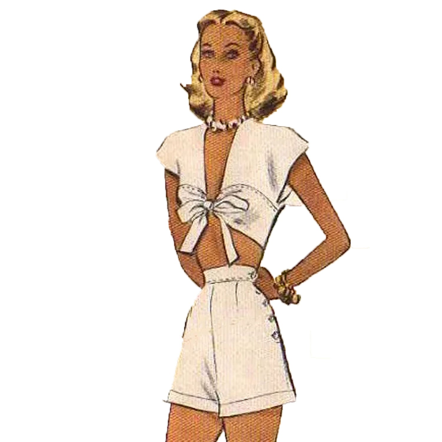 Model wearing three-piece shorts ensemble made from Simplicity 6812 pattern