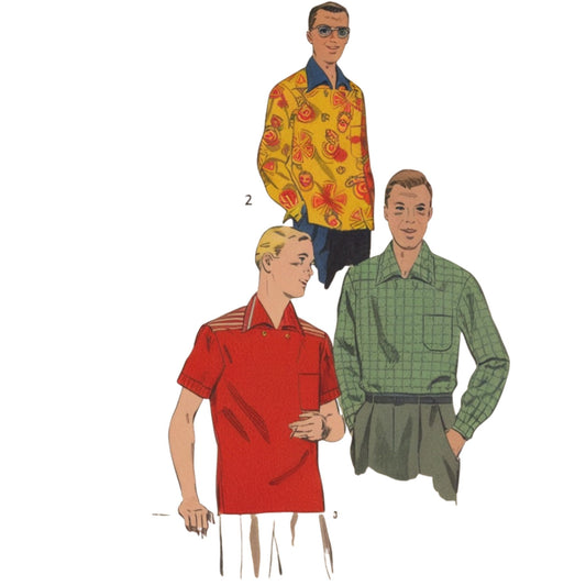 Three men wearing different colored shirts on a white background