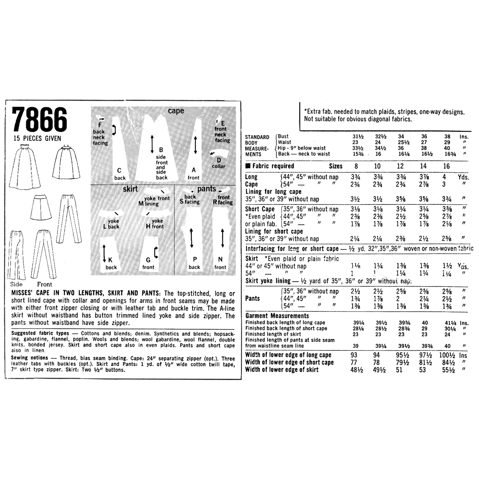 A black and white printed sewing pattern sheet titled '7866 15 PIECES GIVEN' showing front and side views of a cape, skirt, and pants, along with size tables and fabric requirements.