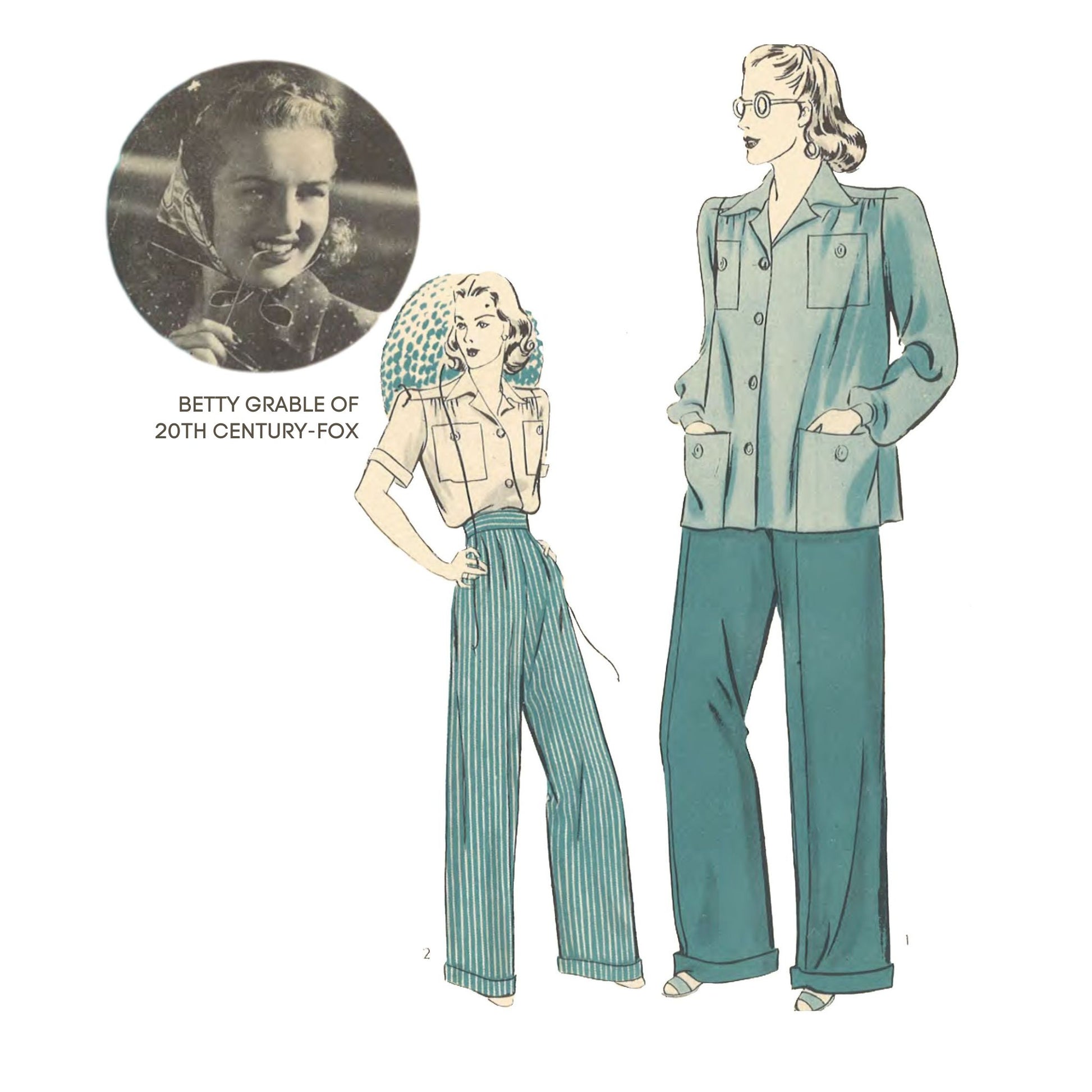 Vintage-style fashion illustration showing two women modeling a matching two-piece outfit with a light blue button-front jacket and teal wide-leg pants, plus a circular inset photo labeled Betty Grable of 20th Century-Fox.