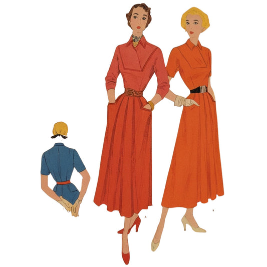 Vintage-style illustration of women wearing orange and blue dresses on a white background