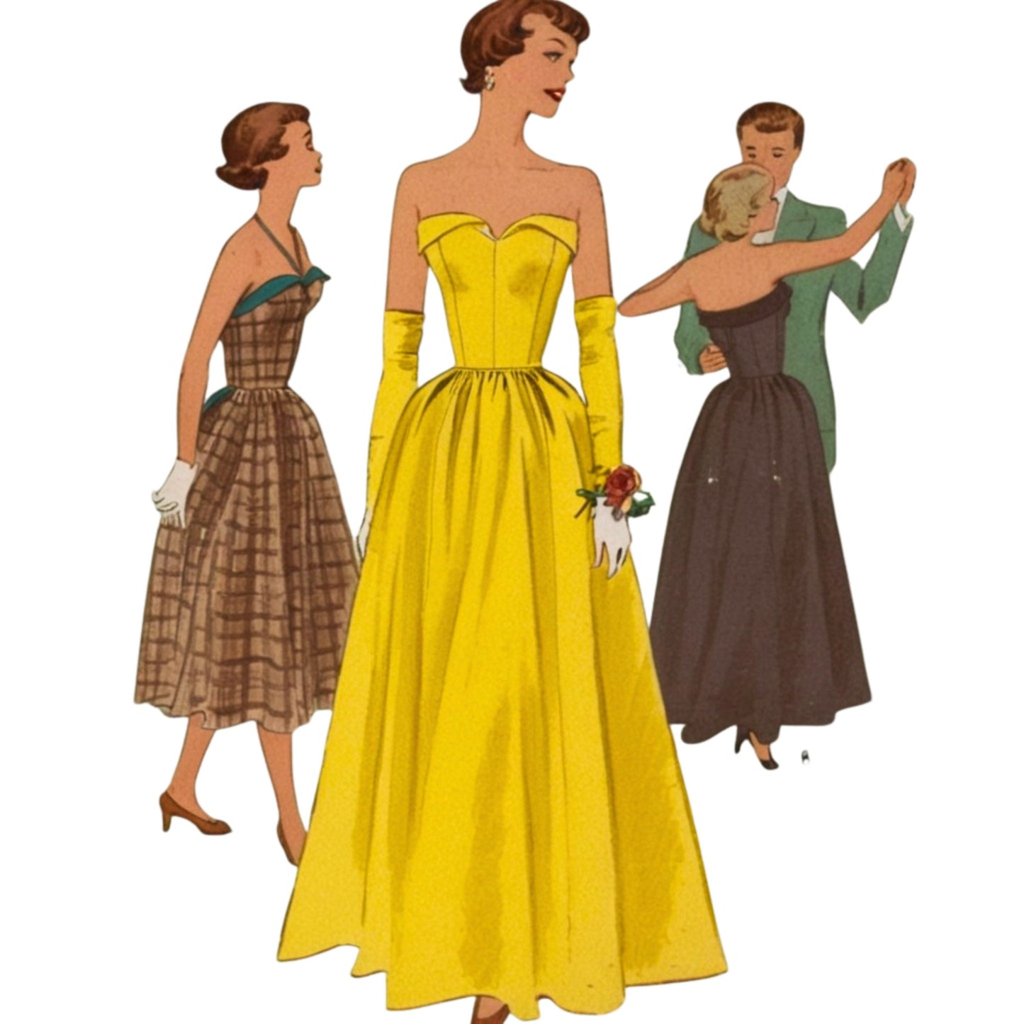 Illustration of women in vintage dresses and gloves on a white background