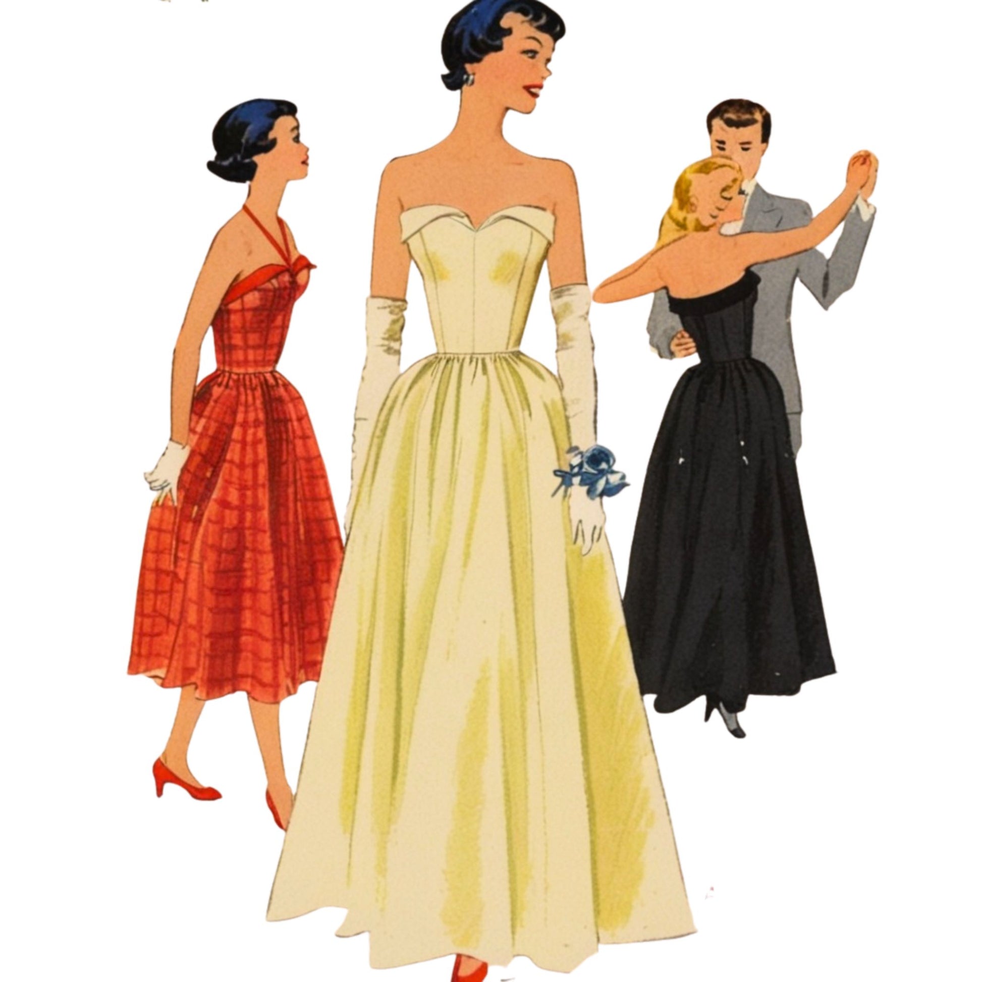 Illustration of women in vintage dresses with a white background