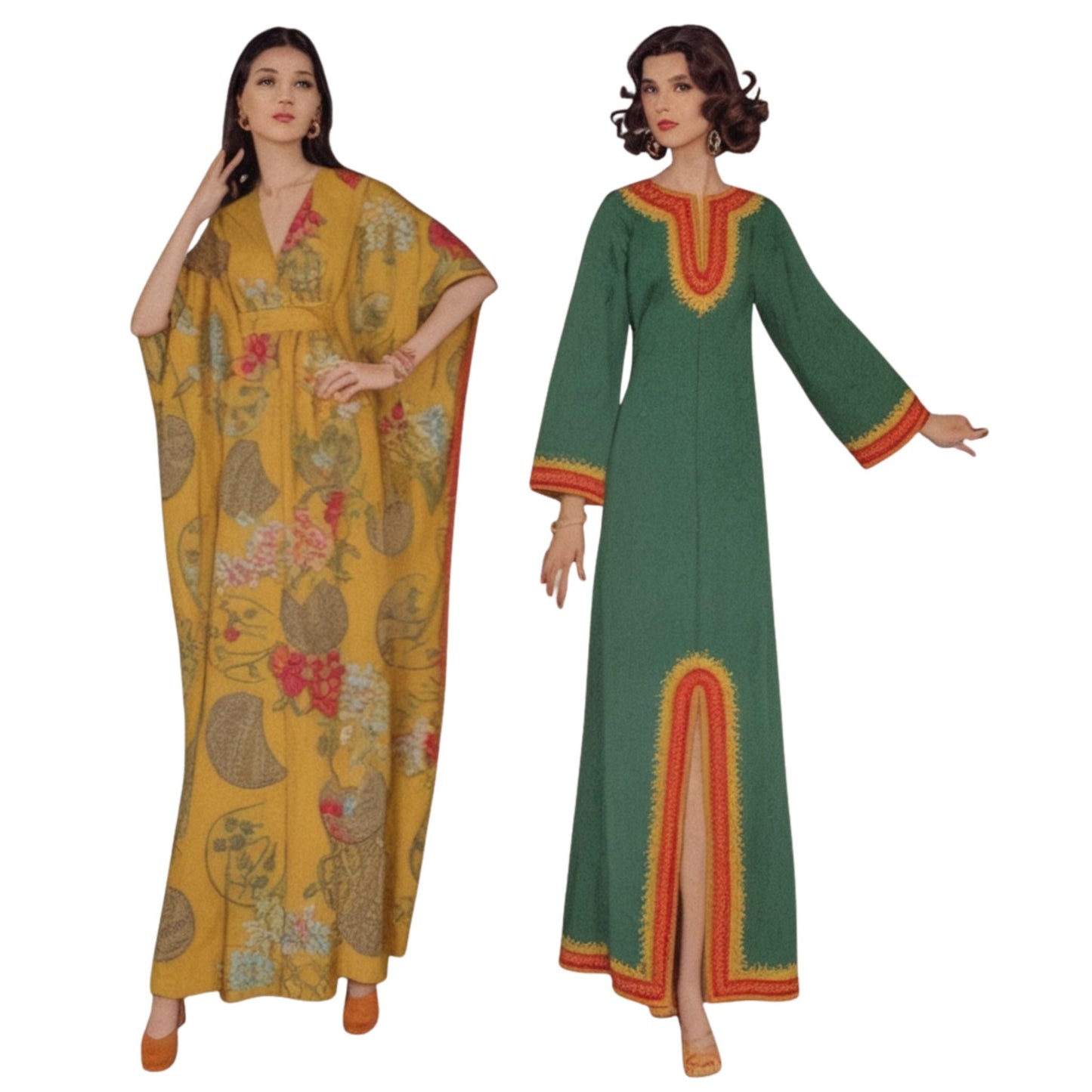 Two women wearing colorful long dresses on a white background