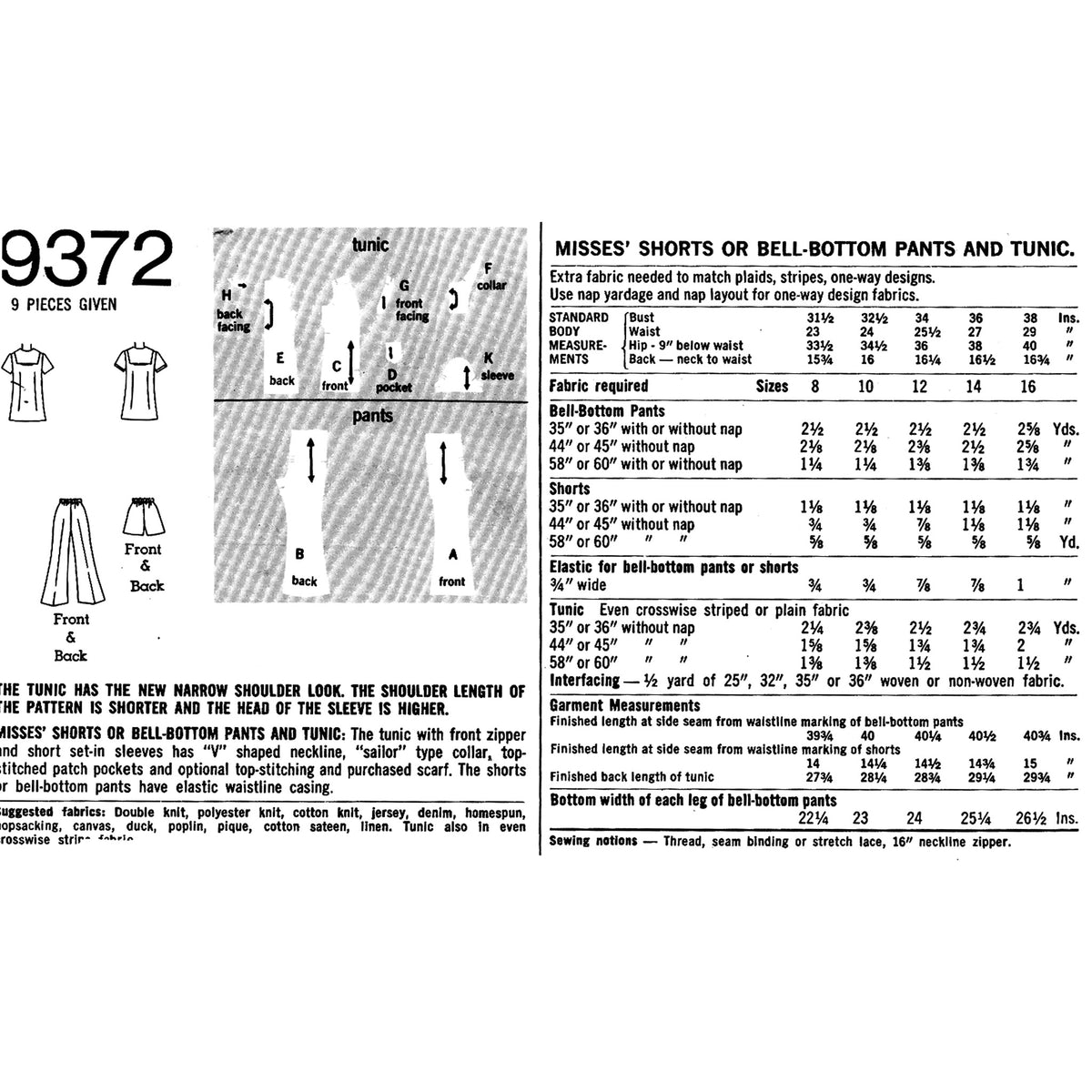 A vintage sewing pattern cover page for Tunic, Shorts, or Bell-Bottom Pants style 9372, showing line drawings of the garments, pattern pieces, fabric requirements, and a size table on a black-and-white background.
