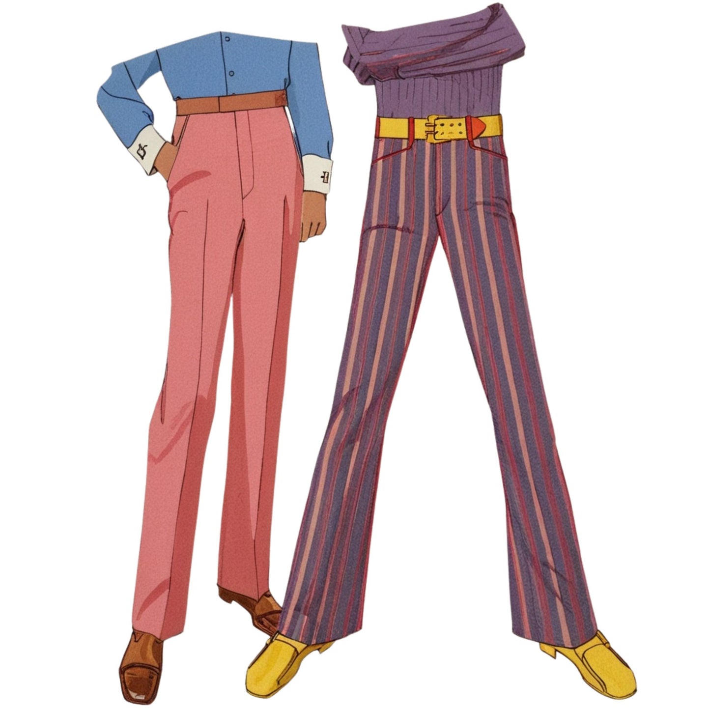 Two pairs of pants, one pink and one with vertical stripes, on a white background.