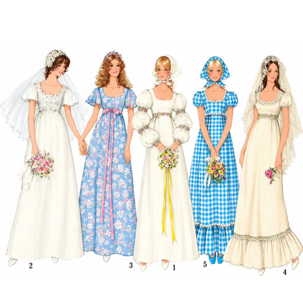 Five vintage-style bridal dress designs illustrated side by side on doll-like figures, with numbers 1 through 5 beneath them. The dresses include ivory, blue floral, cream with yellow ribbon, blue-and-white gingham, and ivory with lace trim, shown against a plain white background.