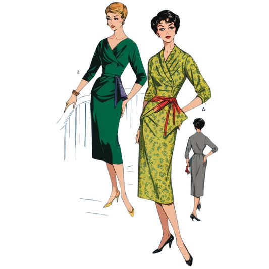 Vintage-style fashion illustration of three women wearing different dresses on a white background.
