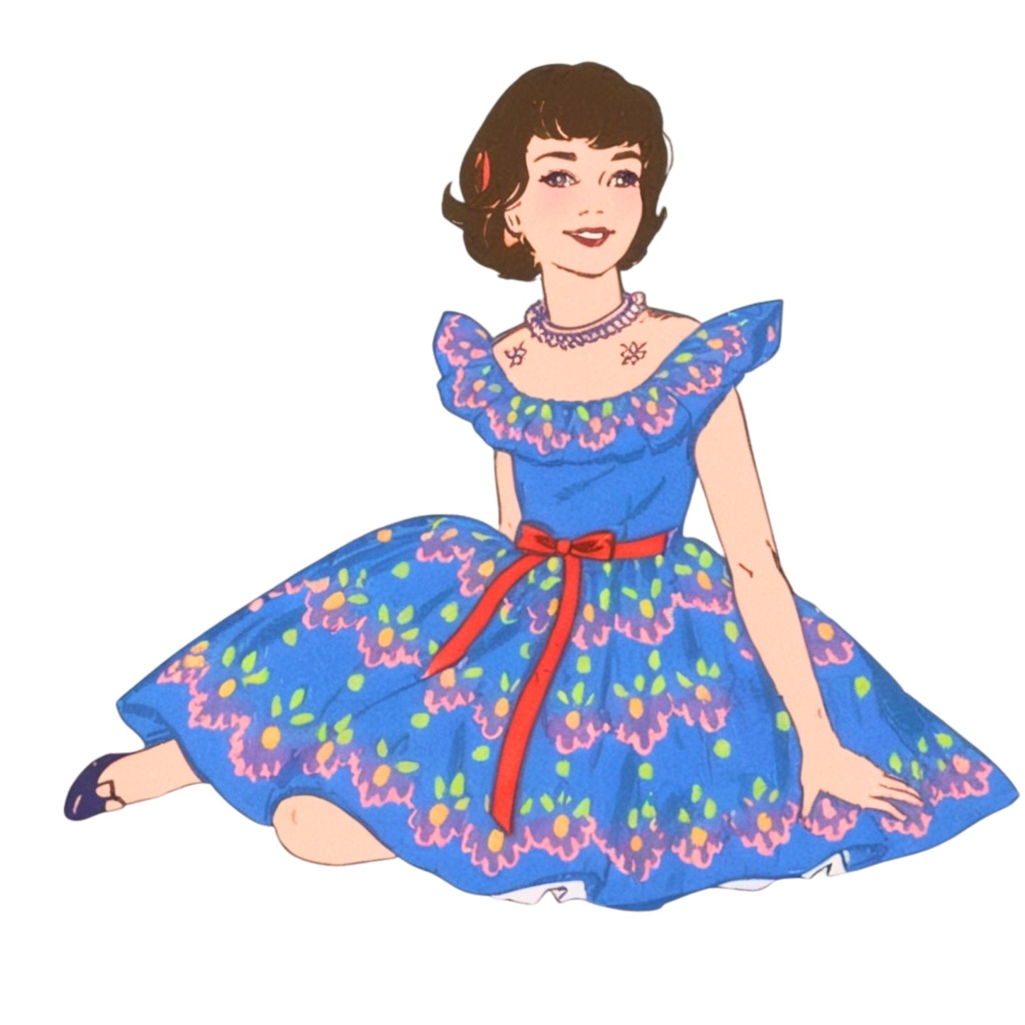 Illustration of a girl in a blue dress with floral patterns and a red ribbon on a white background