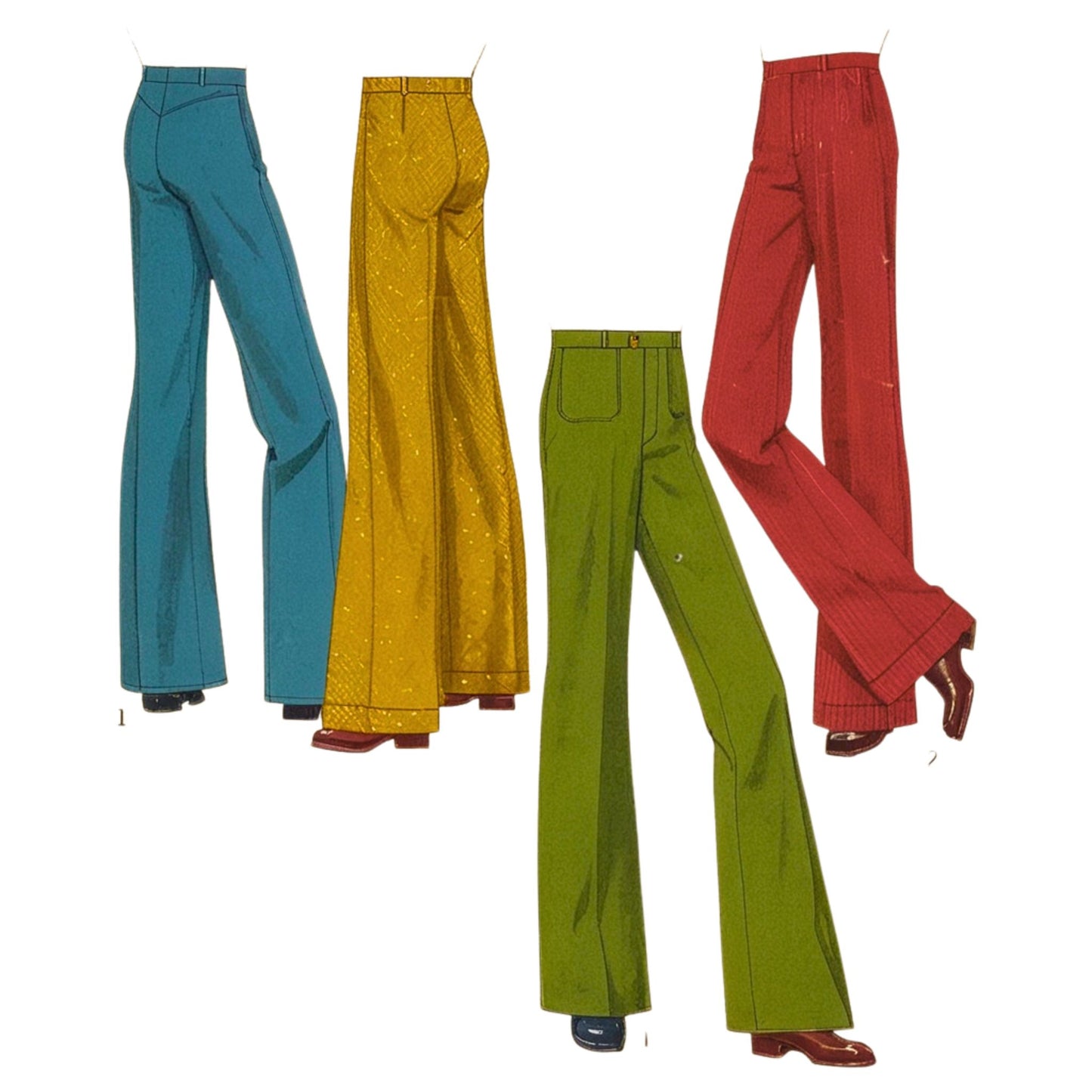 Four pairs of colorful flared pants on a white background