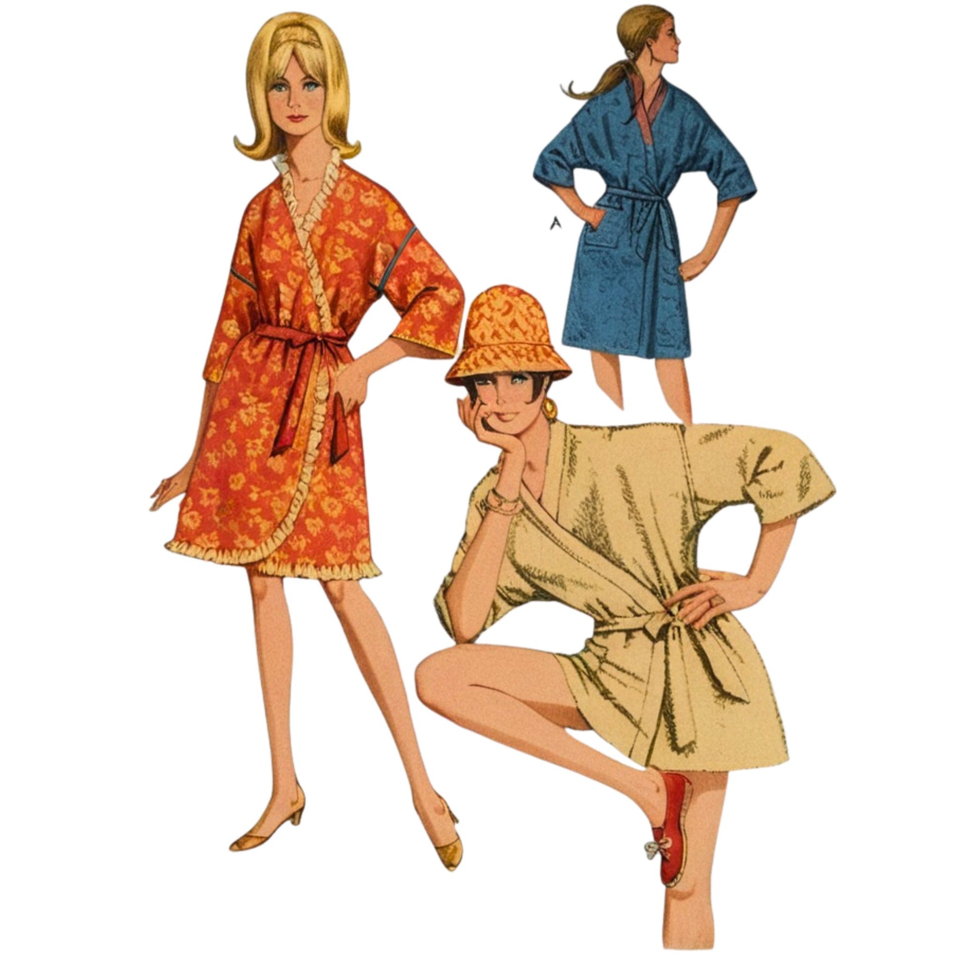 Illustrations of women wearing vintage-style robes and dresses on a white background