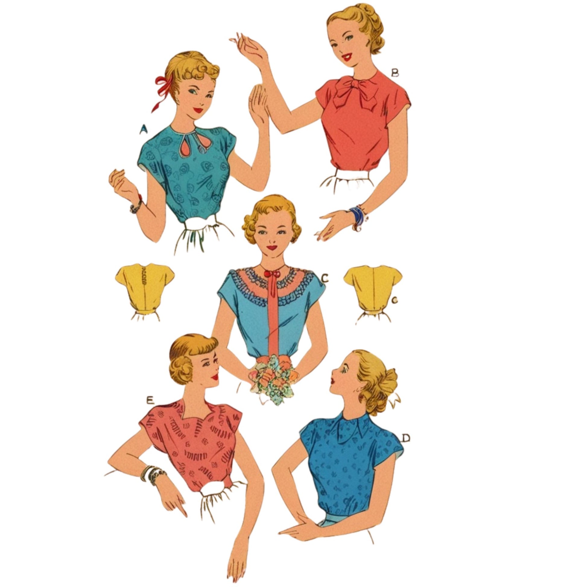 Set of vintage-style WOMEN with colorful clothing on a white background