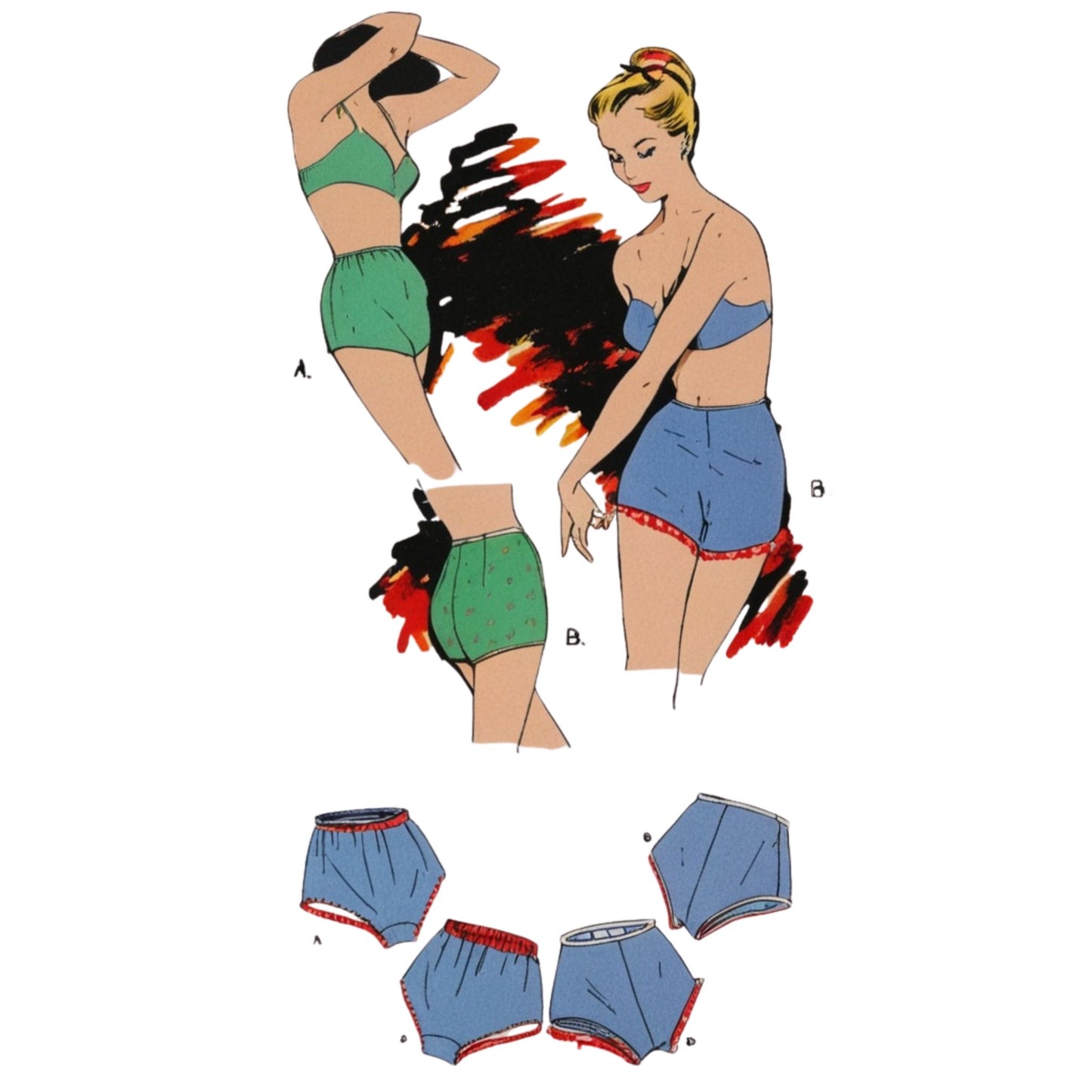 Illustration of women's underwear with labeled parts on a white background