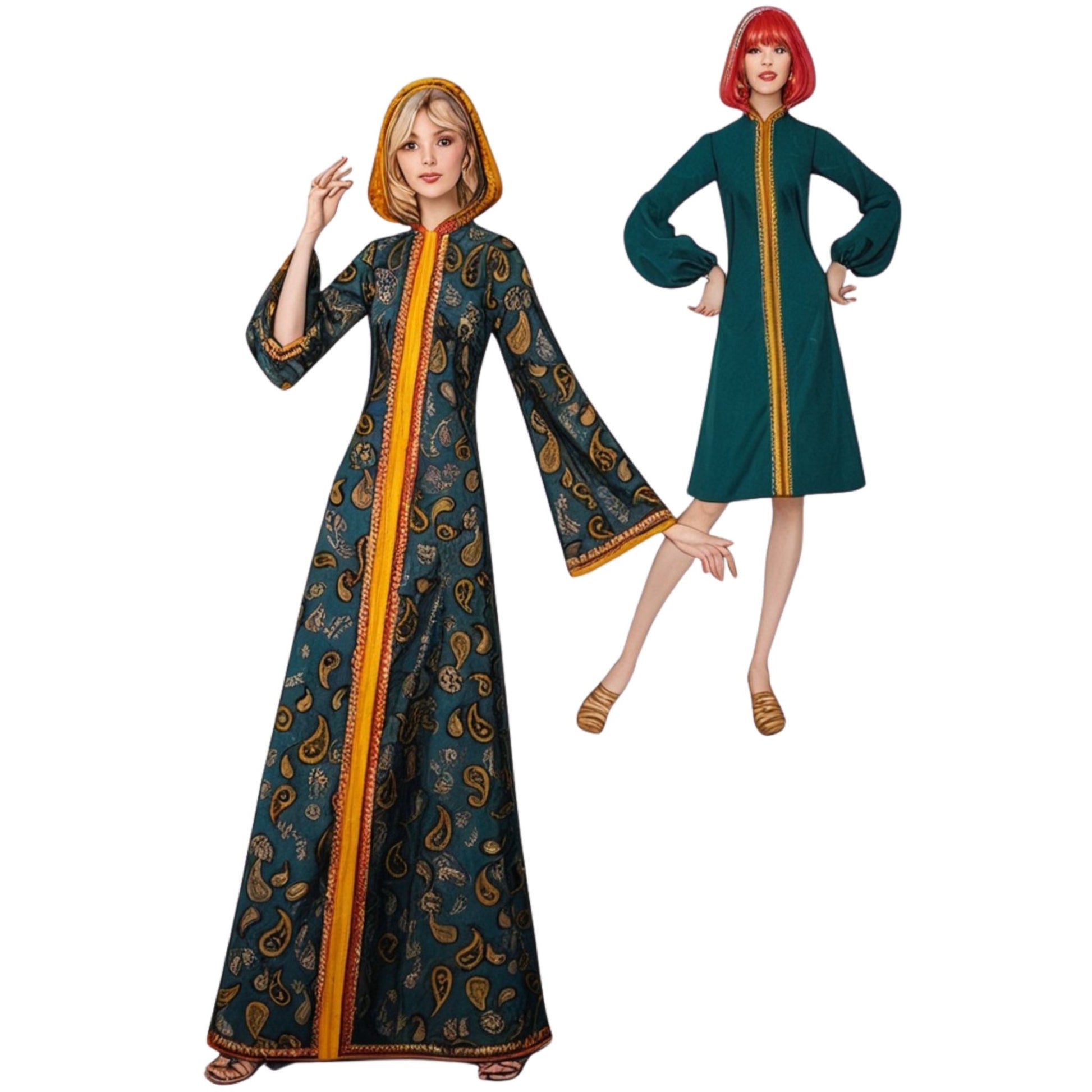 Two women wearing vintage-style dresses with a prominent yellow stripe on a white background.