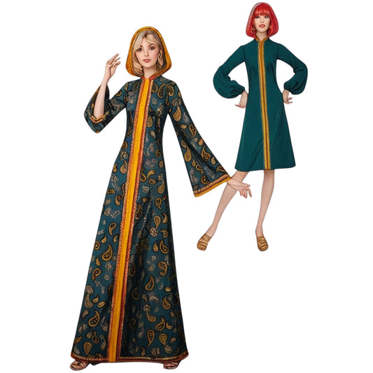 Two women wearing vintage-style dresses with a prominent yellow stripe on a white background.