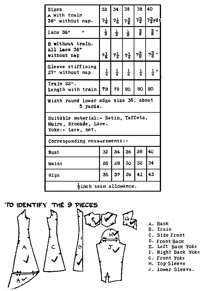 A black-and-white printed measurement chart and pattern guide showing size tables, sewing measurements, and labeled body/piece diagrams for making a garment. No product photo, person, or real environment is present.