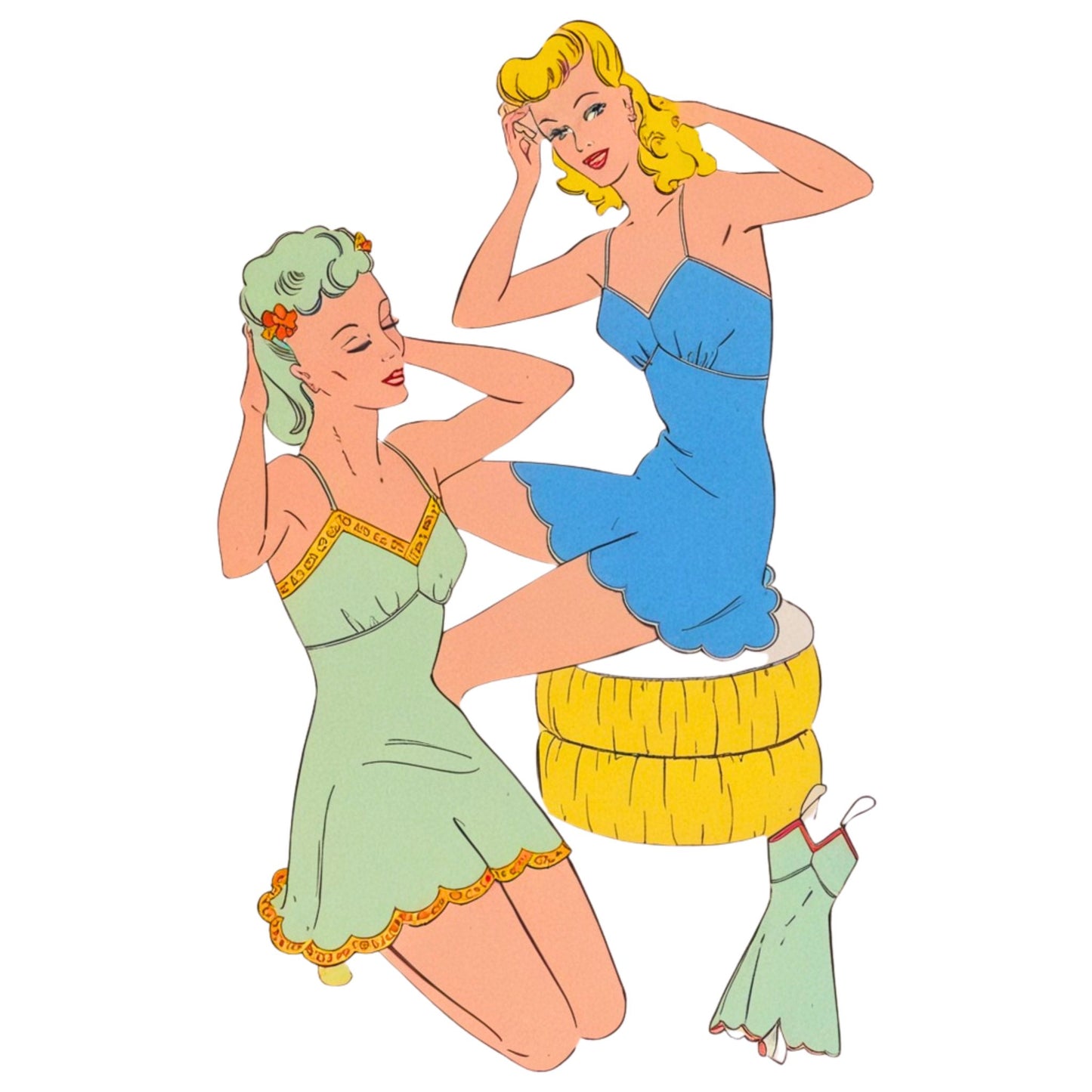 Illustration of two women in vintage-lingerie on a white background