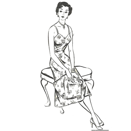 Model wearing 1950s slip & knicker made from Style 630 pattern and line drawing of set.