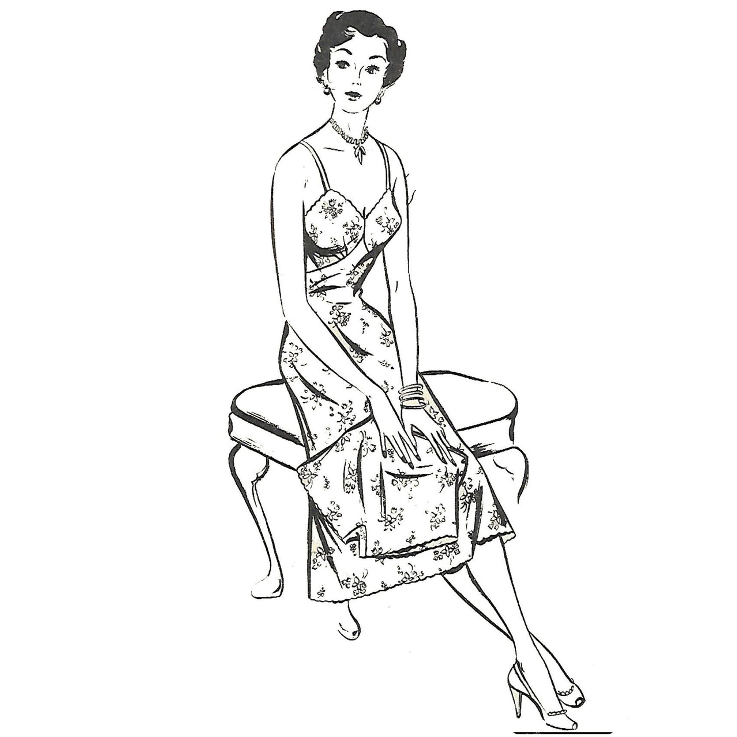 Model wearing 1950s slip & knicker made from Style 630 pattern and line drawing of set.