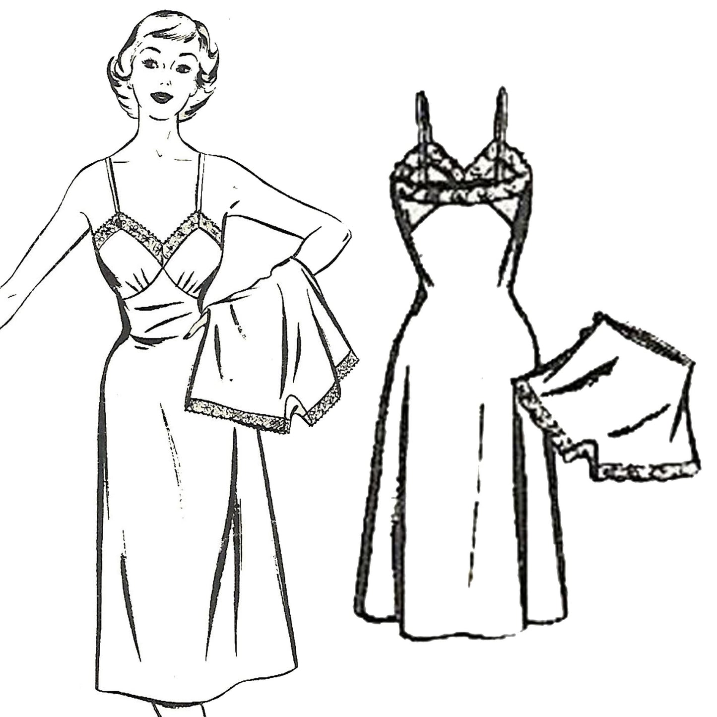 Model wearing 1950s slip & knicker made from Style 630 pattern and line drawing of set.