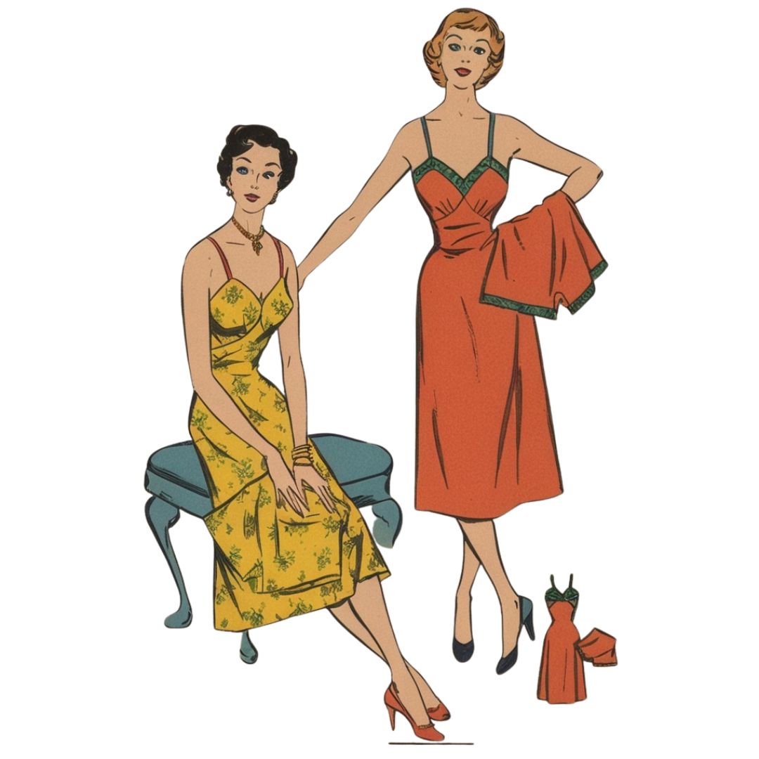 Illustration of two women wearing vintage dresses with a white background