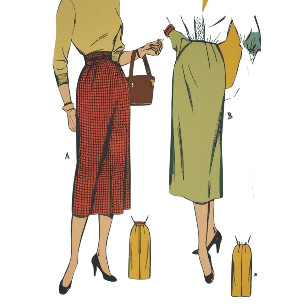 Illustration of a woman wearing a red plaid skirt with a pattern overlay showing different design options.