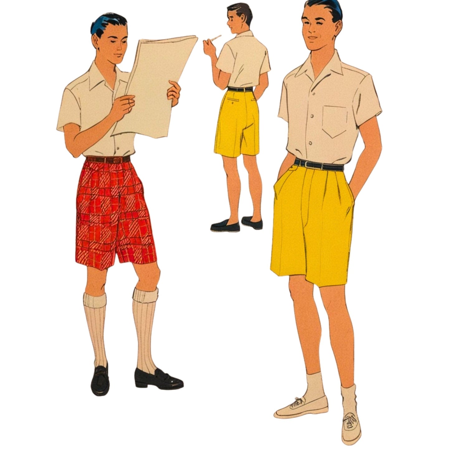 Illustration of a man in different outfits with plaid shorts, yellow shorts, and beige shirt.