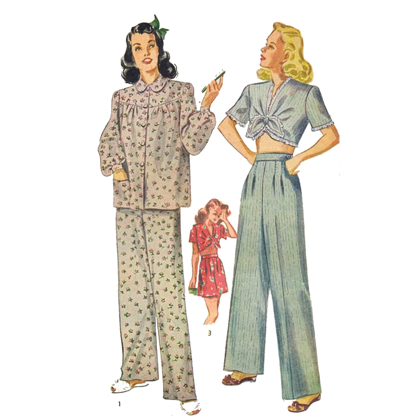 Model wearing long and short pajamas and top made from Simplicity 2208 pattern