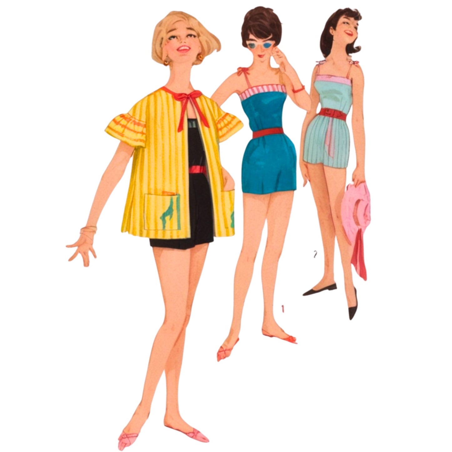 Three vintage-style dolls in colorful outfits on a white background