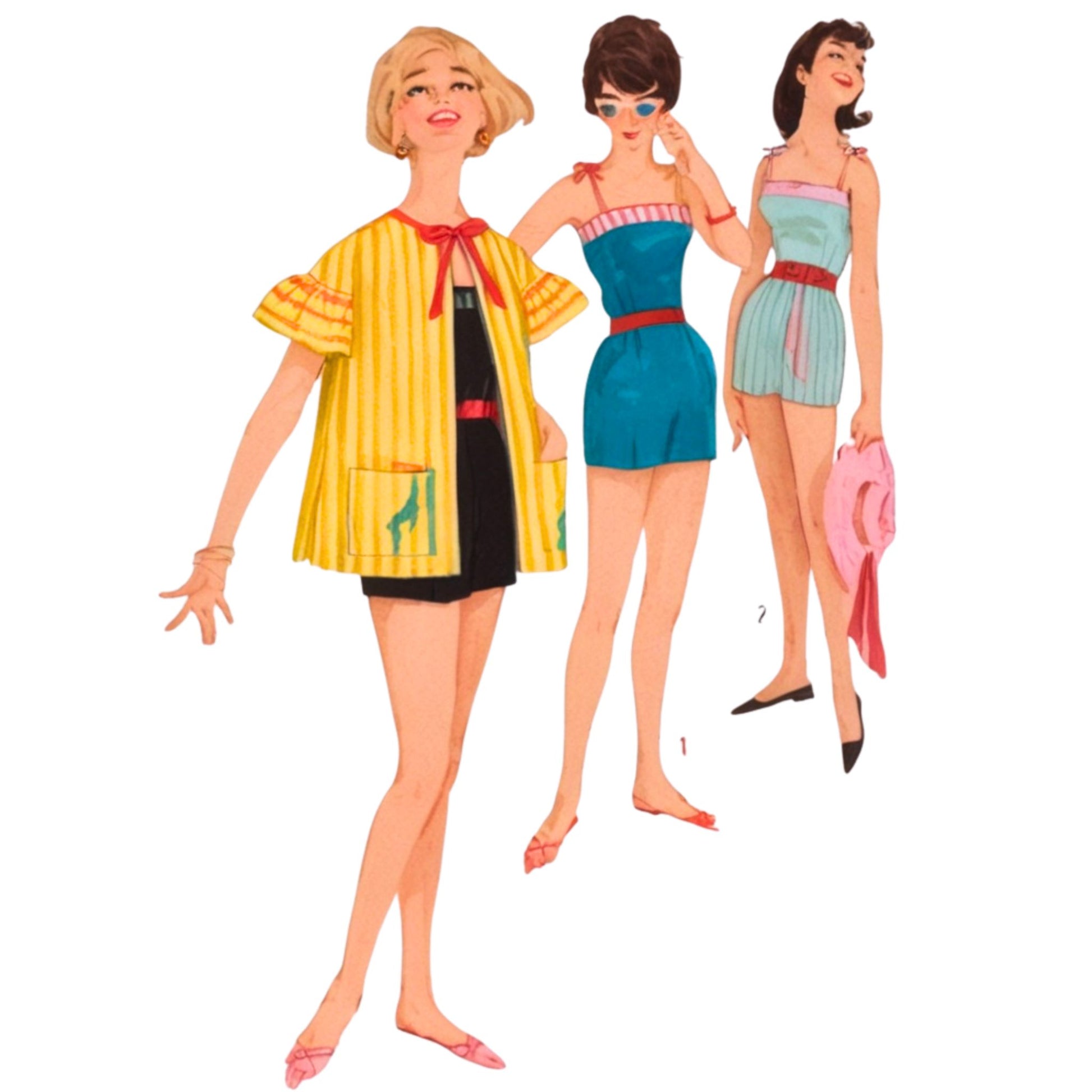 Three vintage-style dolls in colorful outfits on a white background