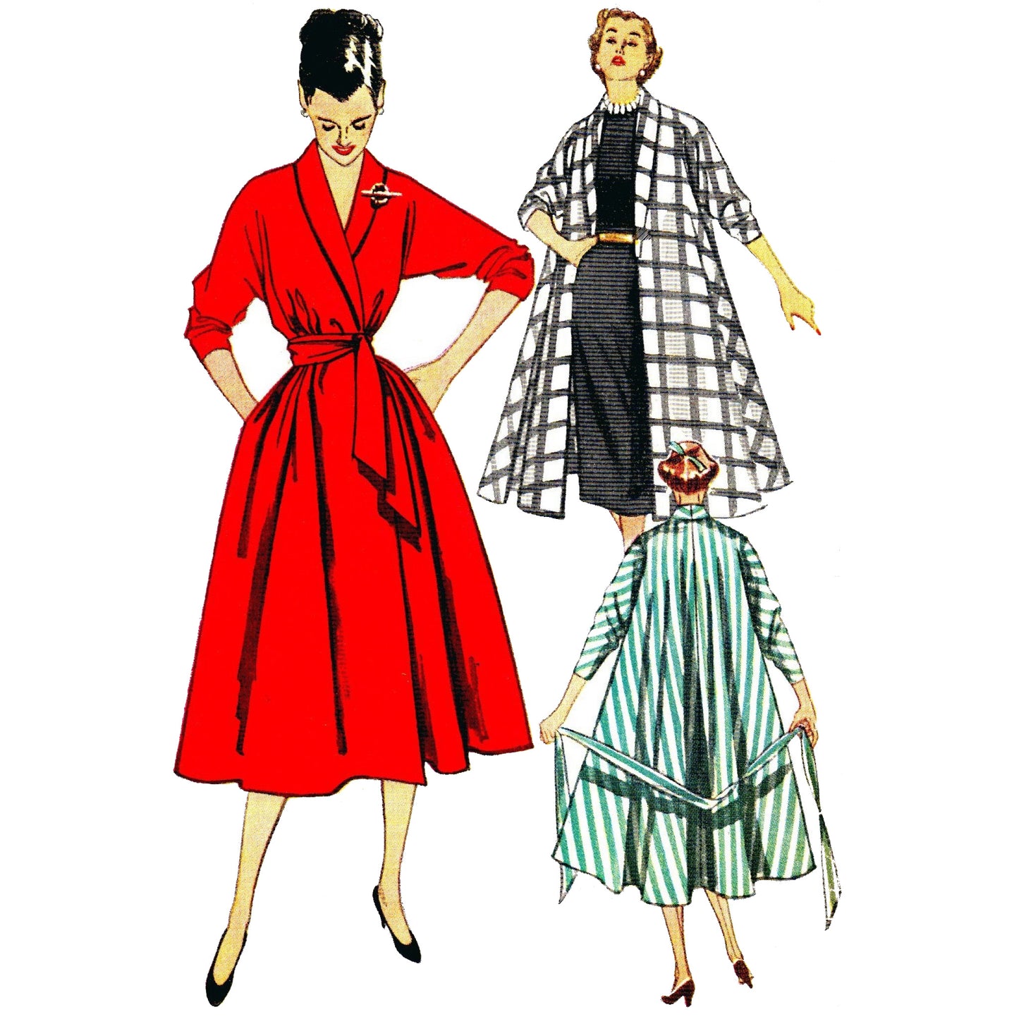 Model wearing coat dress, coat and robe made from Simplicity 3761 pattern