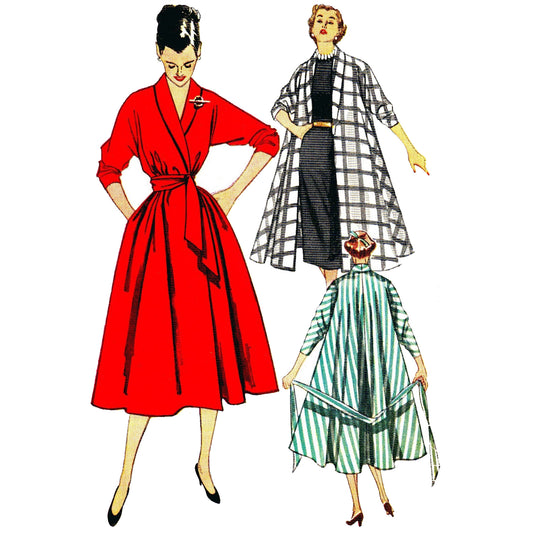 Model wearing coat dress, coat and robe made from Simplicity 3761 pattern